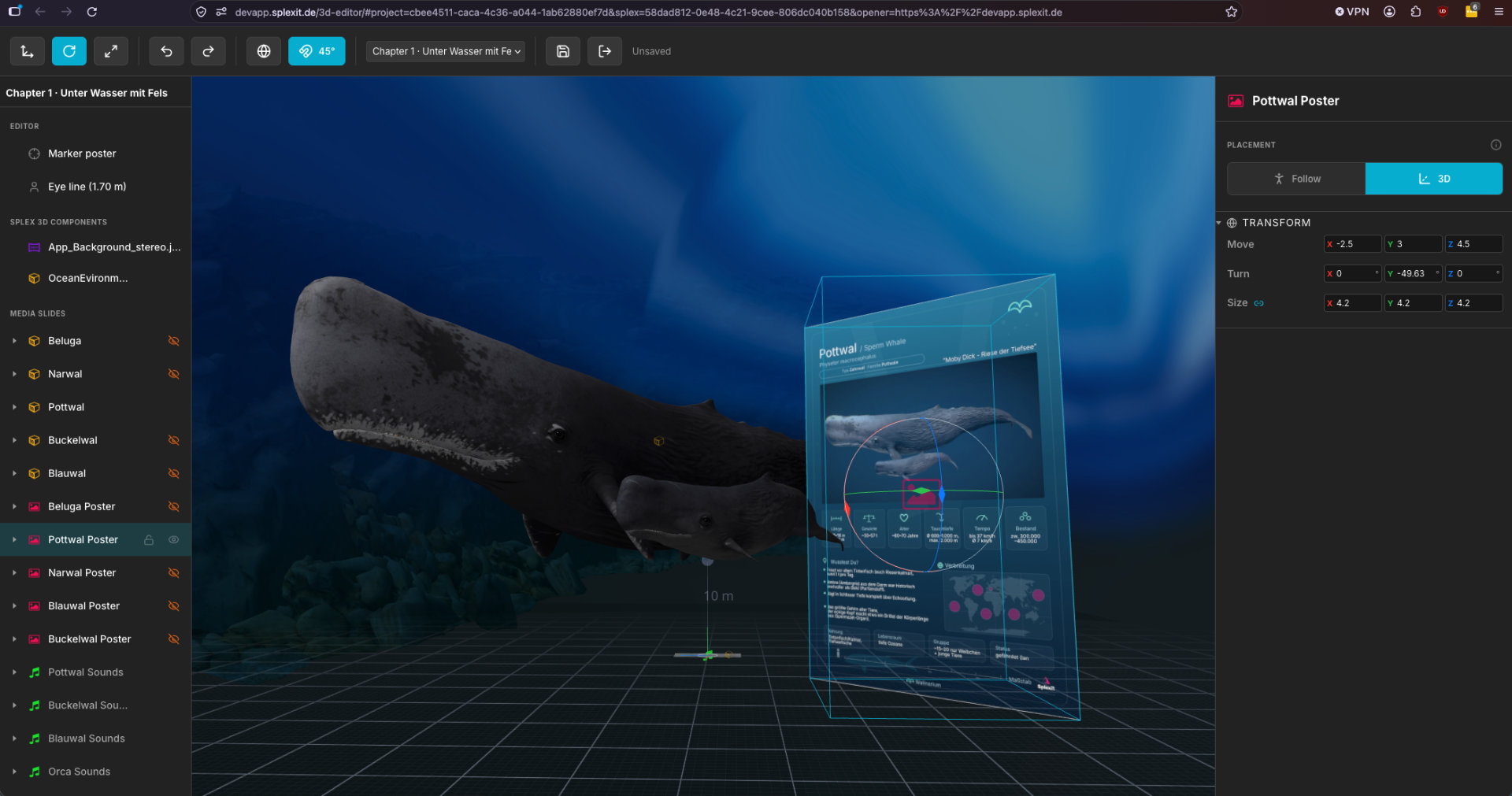Splexit 3D-Editor am Walinarium: Wale, Infotafeln und Medienfolien in einer Unterwasser-Szene im Browser.