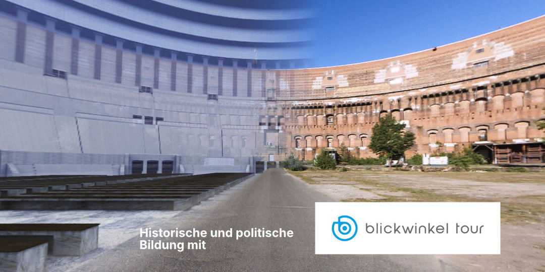 Vergleichsansicht: geplante Kongresshalle als 3D-Rekonstruktion neben dem heutigen Zustand — Blickwinkel Tour für historische Bildung.
