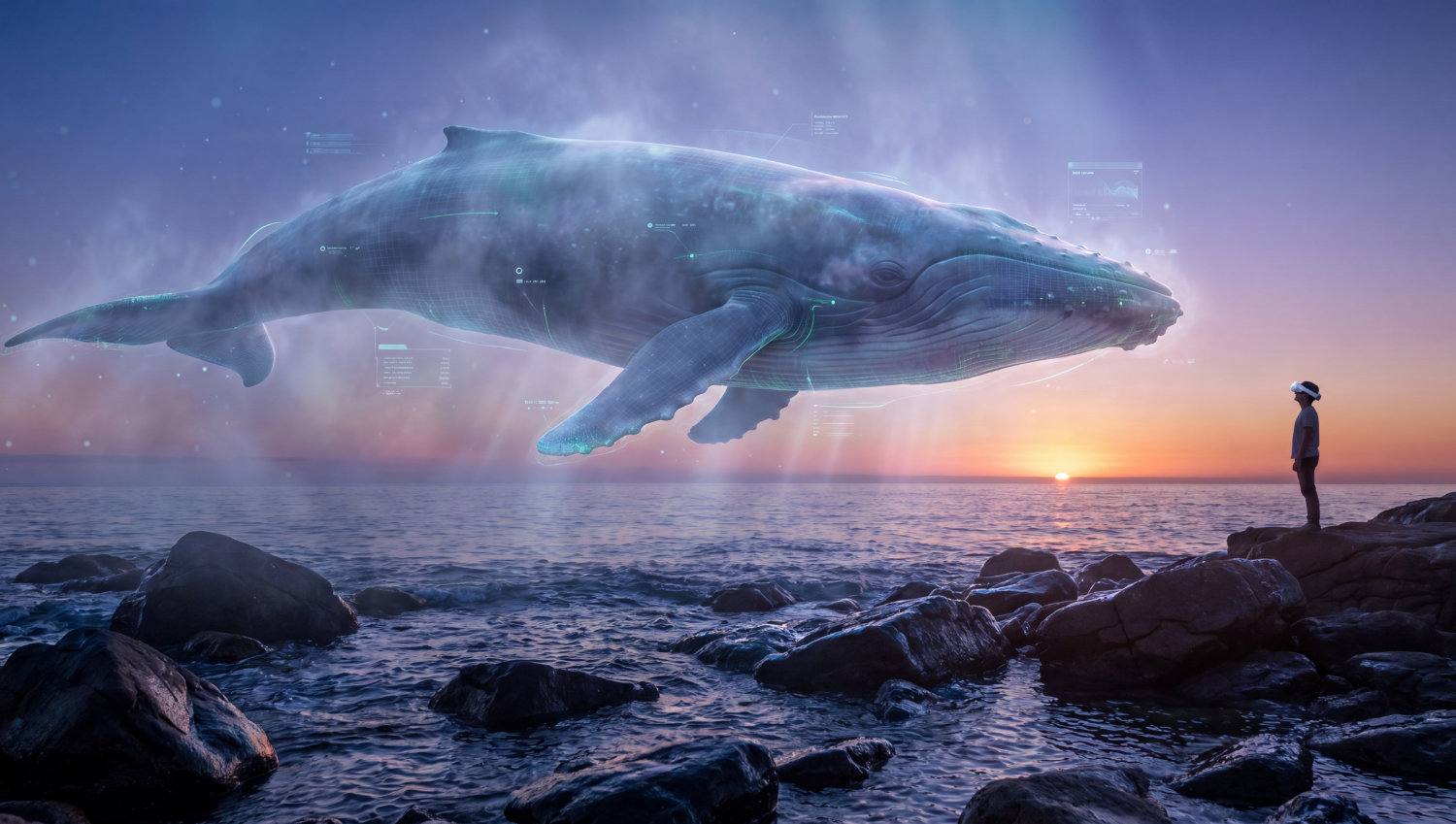 Person mit VR-Brille betrachtet einen holografischen Wal über dem Meer bei Sonnenuntergang.