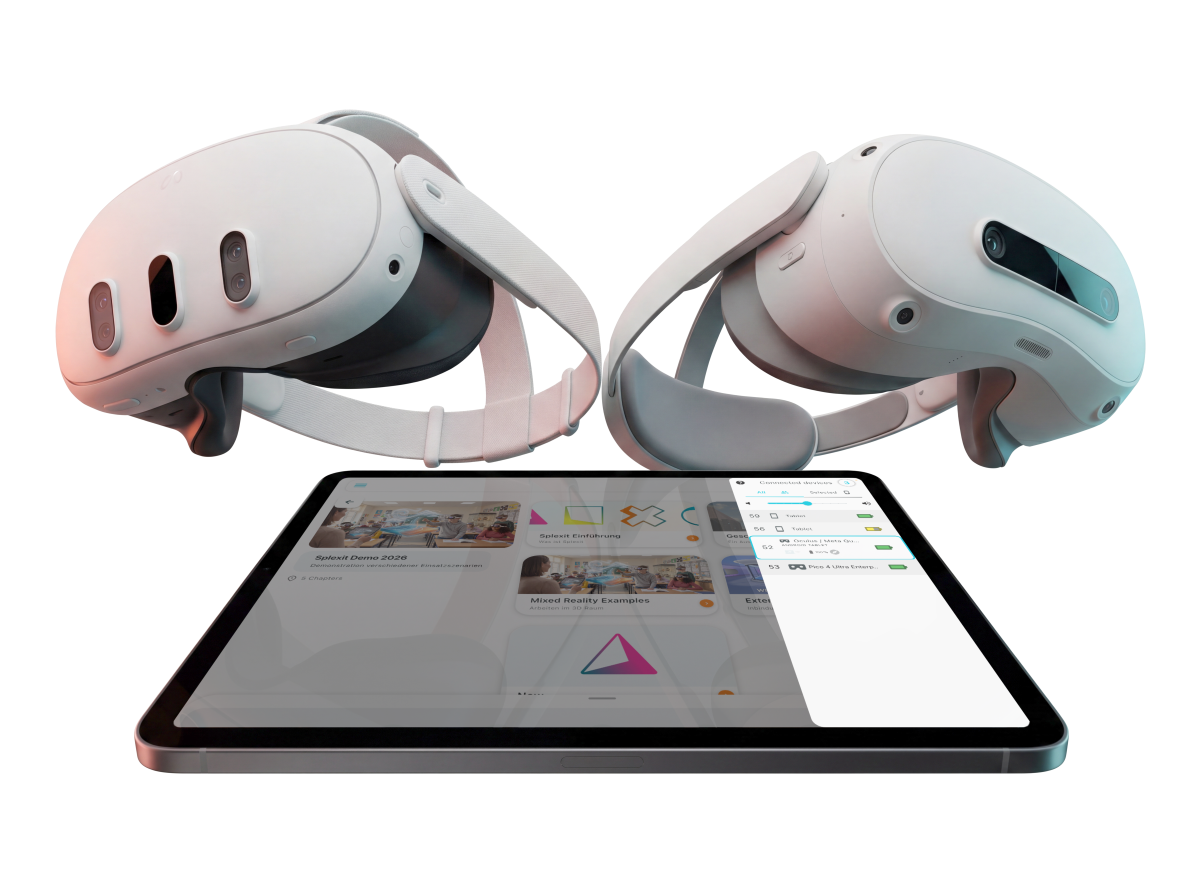 Tablet mit Companion App und zwei XR-Headsets