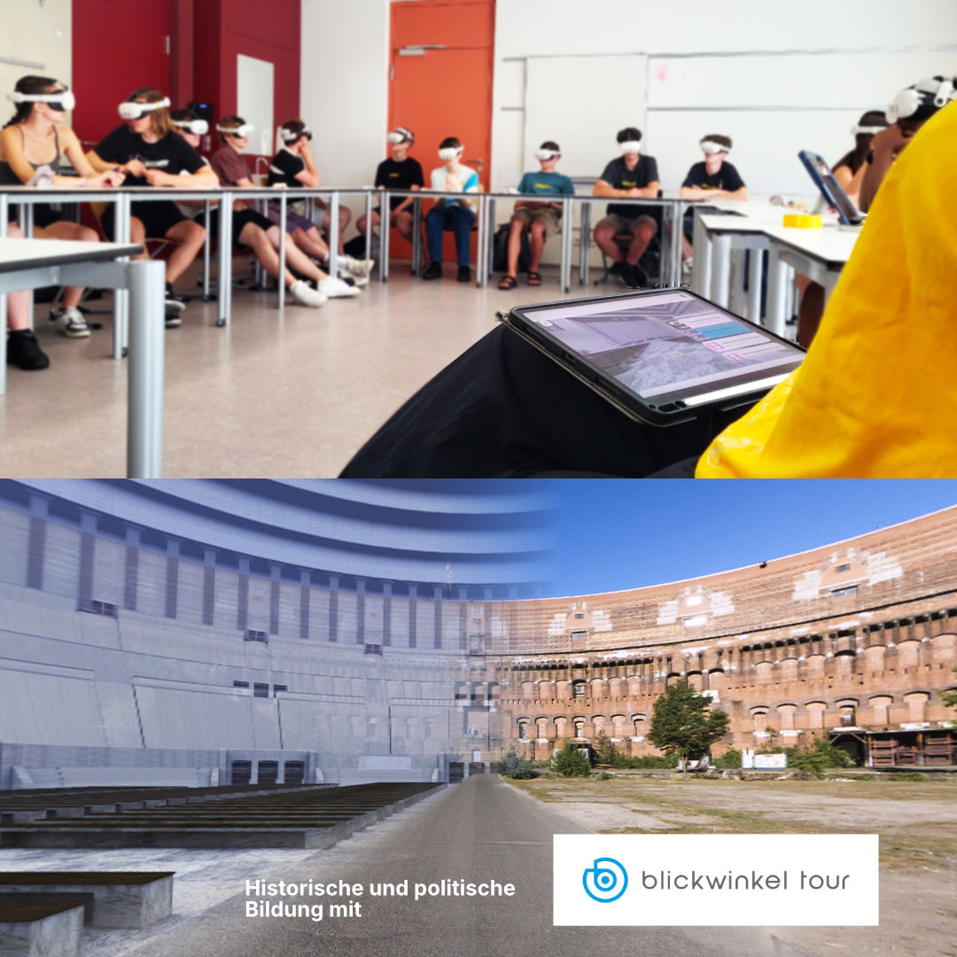 Schüler mit XR-Headsets im Klassenzimmer — Lehrkraft steuert per Tablet, historische und politische Bildung mit Blickwinkel Tour