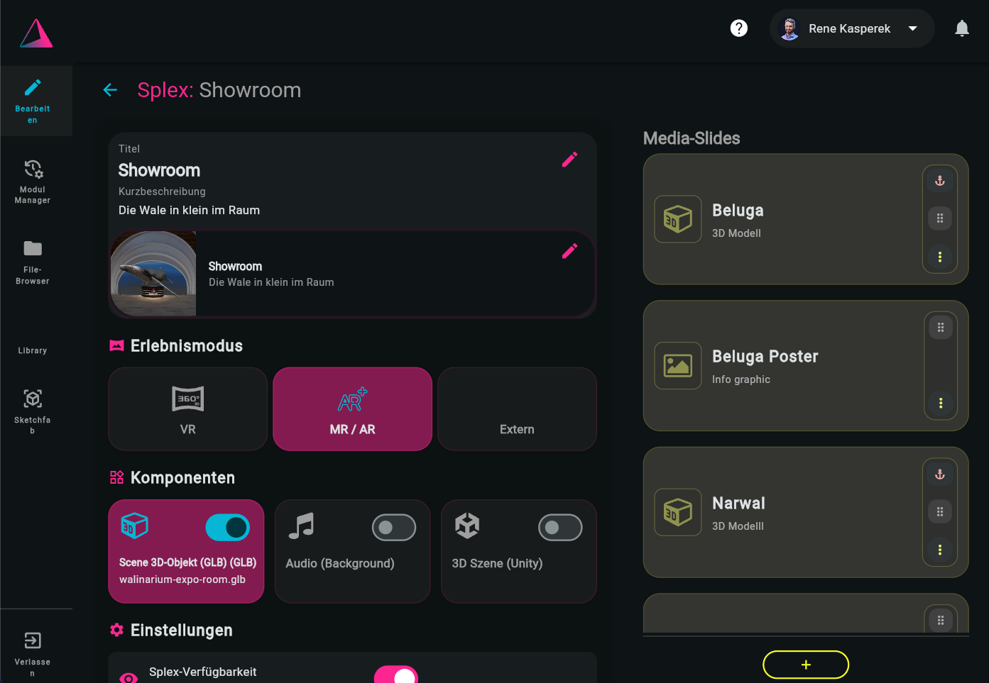 Dashboard mit Projekten und Modulen — Splex Showroom bearbeiten