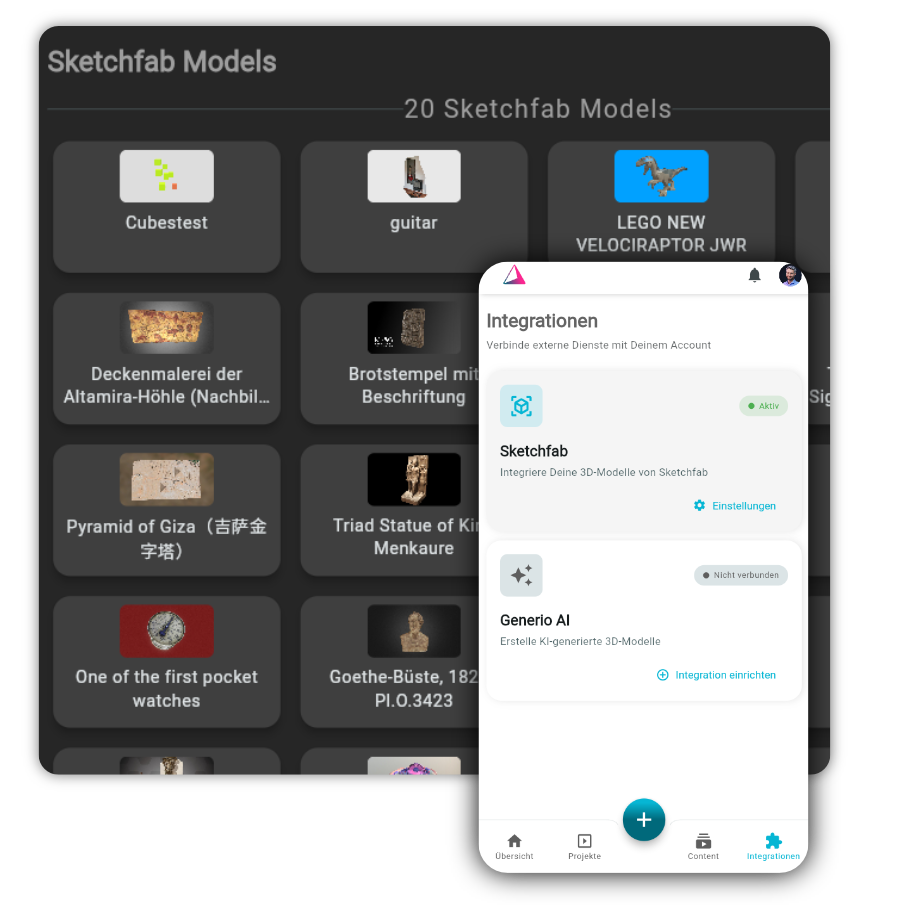 Integrationen im Dashboard — Sketchfab und Generio AI