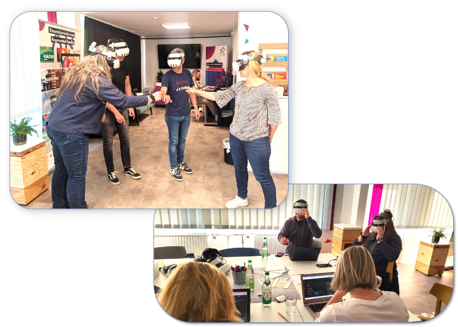 Gruppe erlebt Session gemeinsam im Raum — Headsets und Presenter mit Tablet