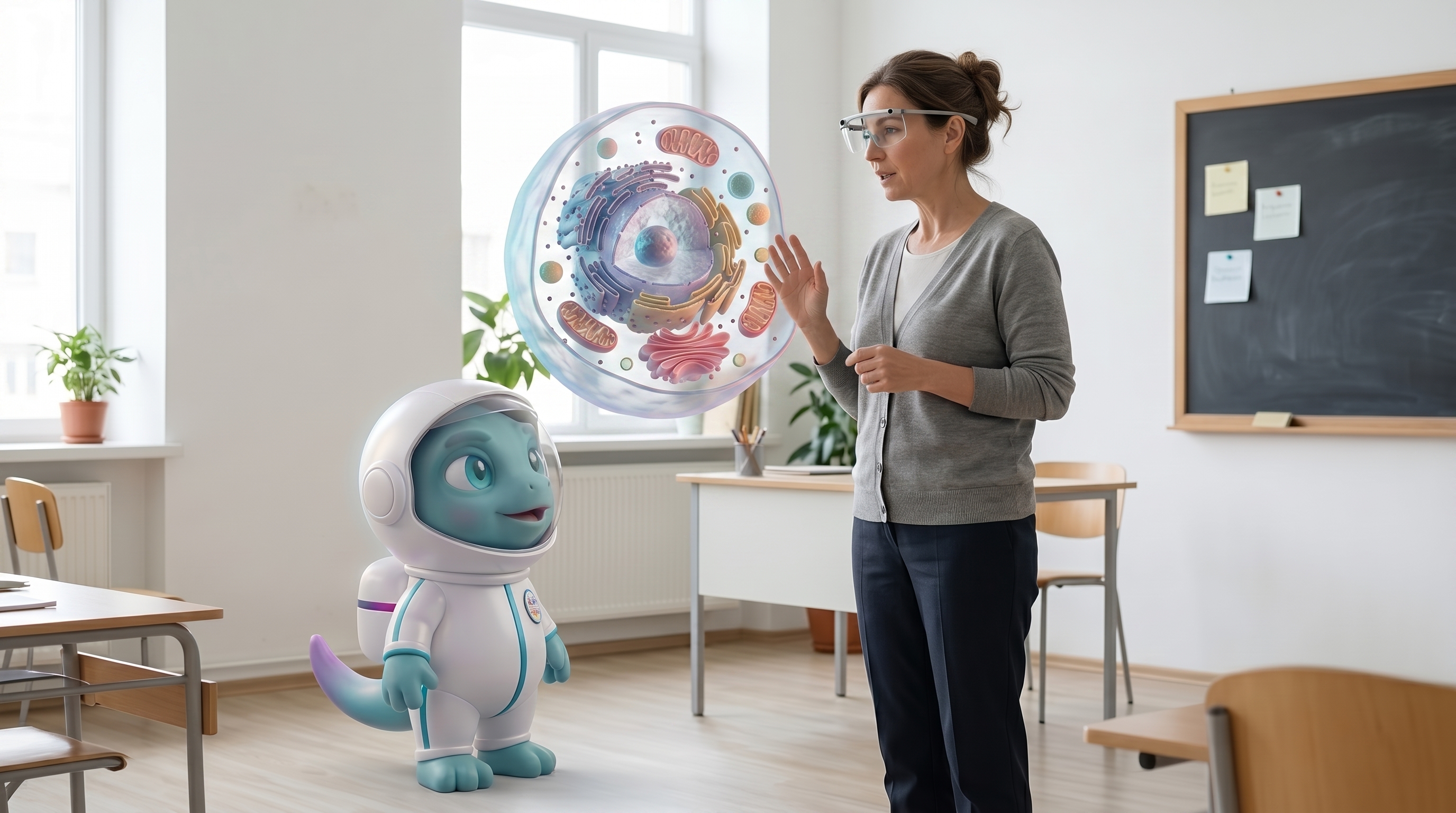 Lehrkraft mit Smart Glasses, Splexi und holographischem Zellmodell im Klassenraum